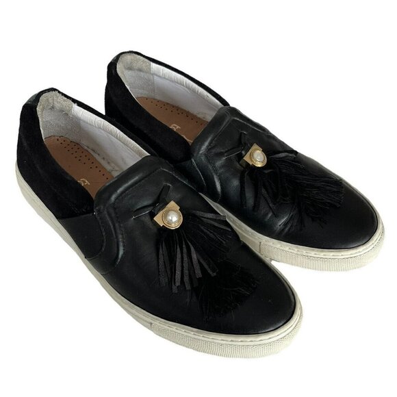 Lanvin Paris Women's Slip On Leather Sneakers Sz  9 Black Leather Tasseled - Picture 1 of 11